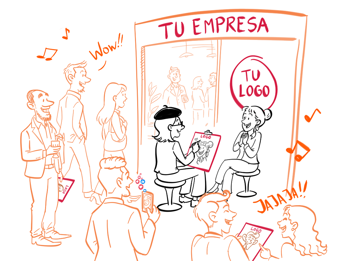 Ilustración de una activación de marca con caricaturas en vivo en un stand