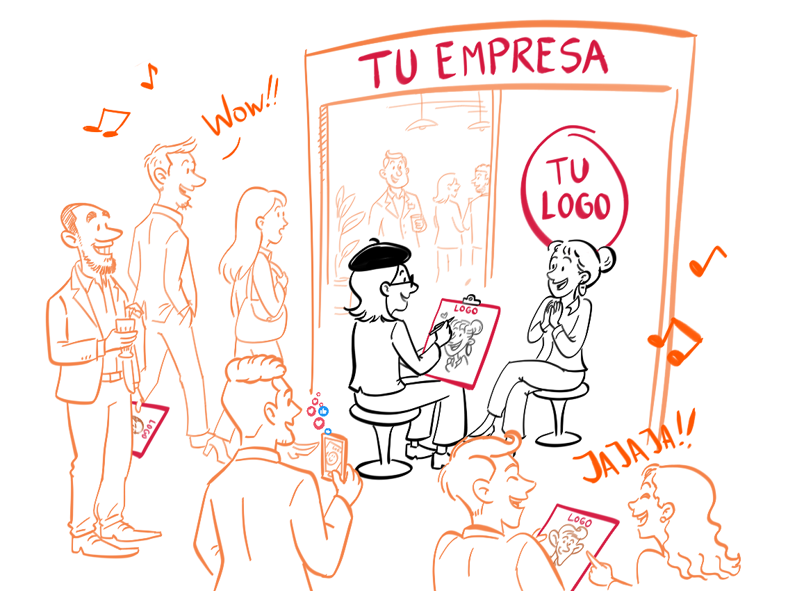 Ilustración de una activación de marca con caricaturas en vivo en un stand