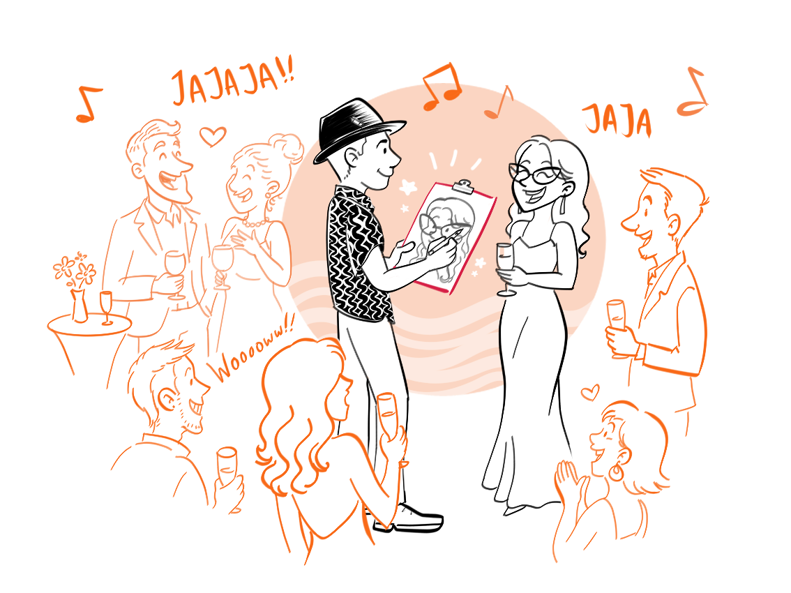Ilustración de una caricaturista dibujando en vivo entre los invitados