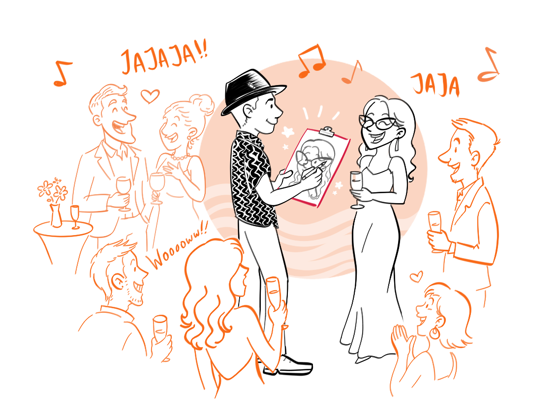 Ilustración de una caricaturista dibujando en vivo entre los invitados