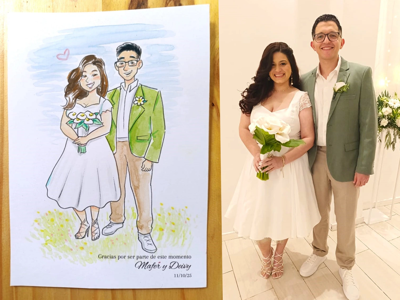 Comparación entre una pareja y su retrato terminado en acuarela
