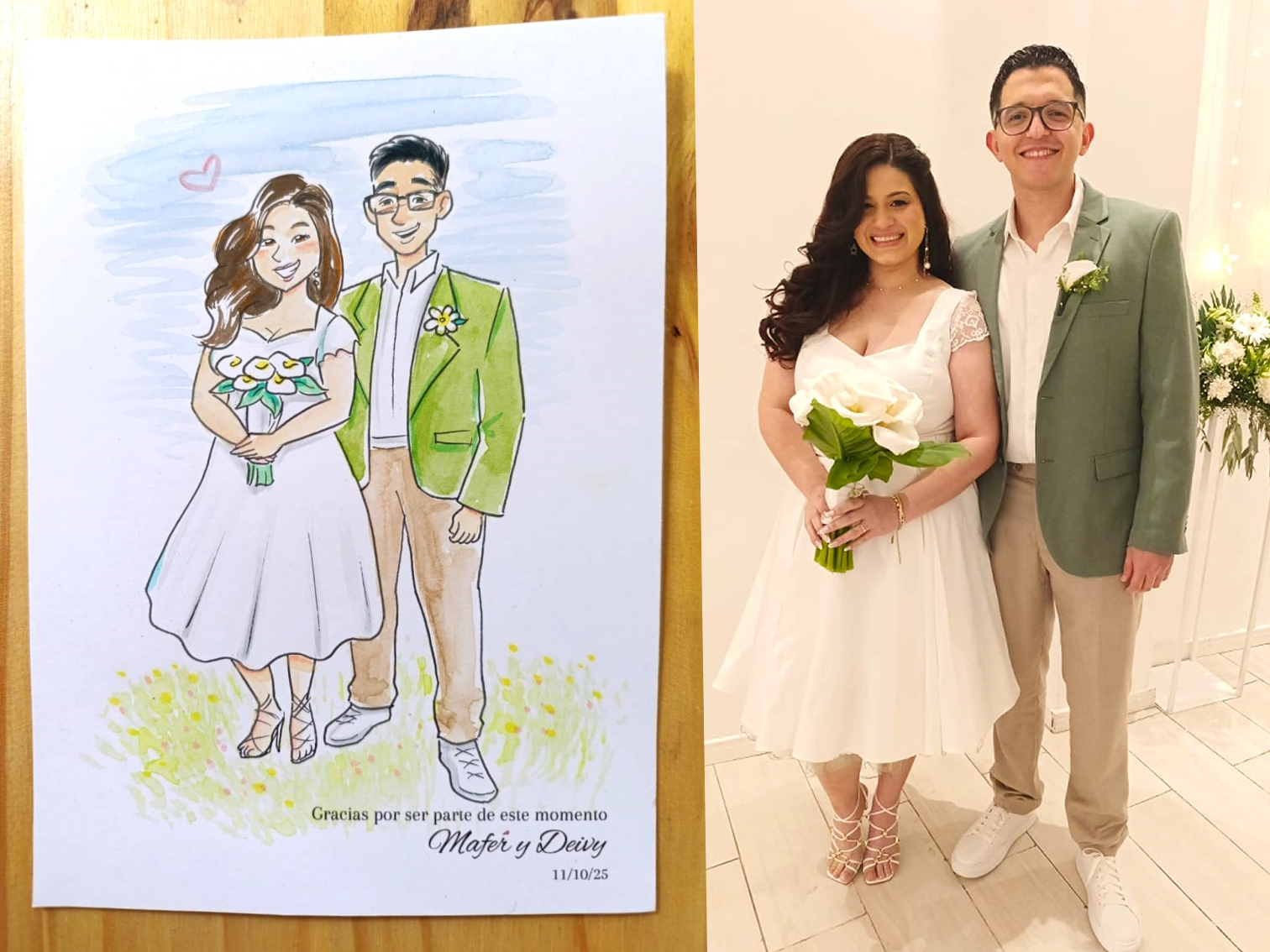 Comparación entre una pareja y su retrato terminado en acuarela